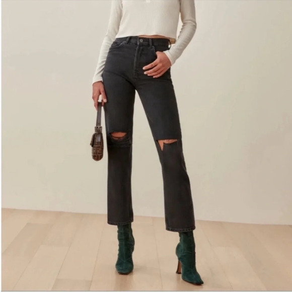 REFORMATION Cynthia High Rise Straight Leg Distressed Jeans in Lagoon Destroyed - Picture 1 of 11